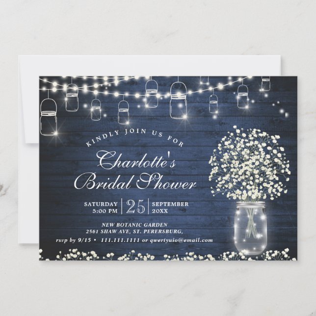 Invitation Bébé's Breath Mason Jar Bleu Fête des mariées rust (Devant)