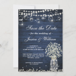Invitation Bébé's Breath Mason Jar Rustic Blue Wood Mariage
