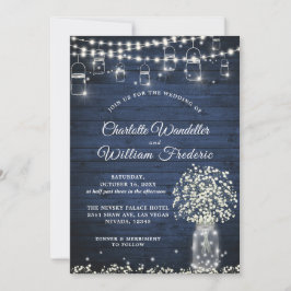 Invitation Bébé's Breath Mason Jar Rustic Blue Wood Mariage