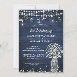 Invitation Bébé's Breath Mason Jar Rustic Blue Wood Mariage