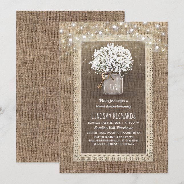 Invitation Bébé's Breath Mason Jar Rustic Lace Fête des marié (Devant / Derrière)