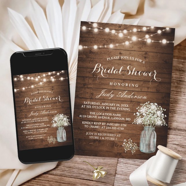 Invitation Bébé's Breath Mason Jar Rustic Wood Fête des marié (Perfect for anyone hosting a bridal shower with a rustic and romantic theme.)