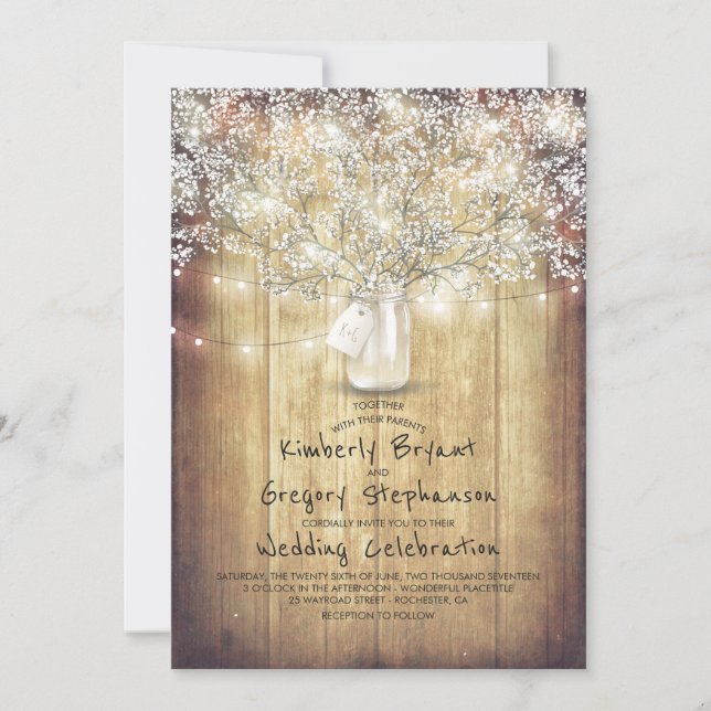 Invitation Bébé's Breath Mason Jar Rustique et mariage vintag (Devant)