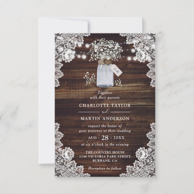 Invitation Bébé's Breath Rustic Wood Mason Jar Mariage (Devant)