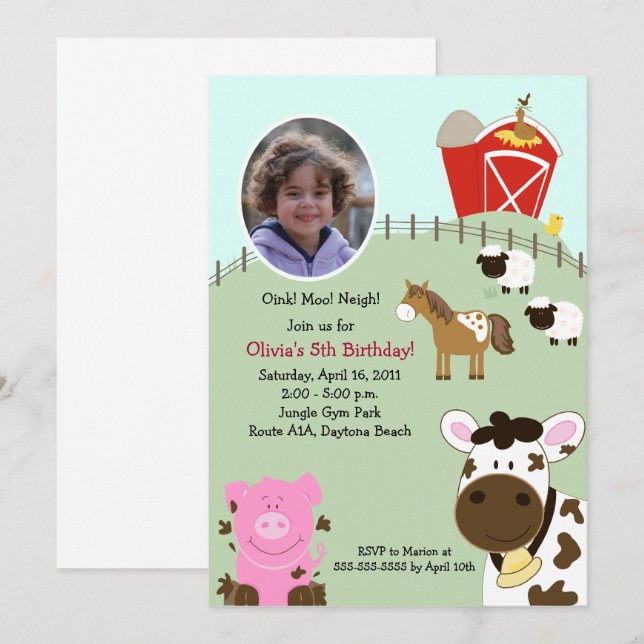 Invitation Bébés de ferme Barnyard *PHOTO* Anniversaire 5x7 (Devant / Derrière)
