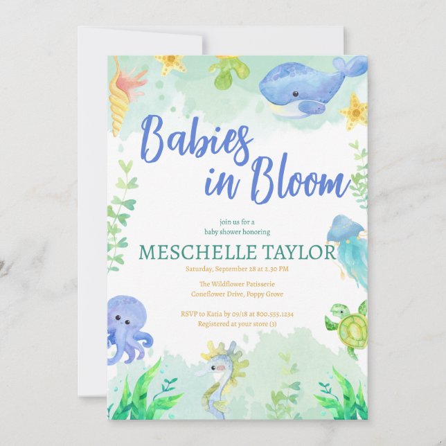 Invitation Bébés en fleur sous le Baby shower bleu marine (Devant)