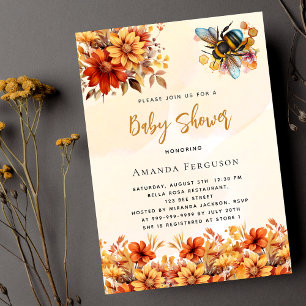 Invitation Bee Baby shower orange fleurs de chute luxe