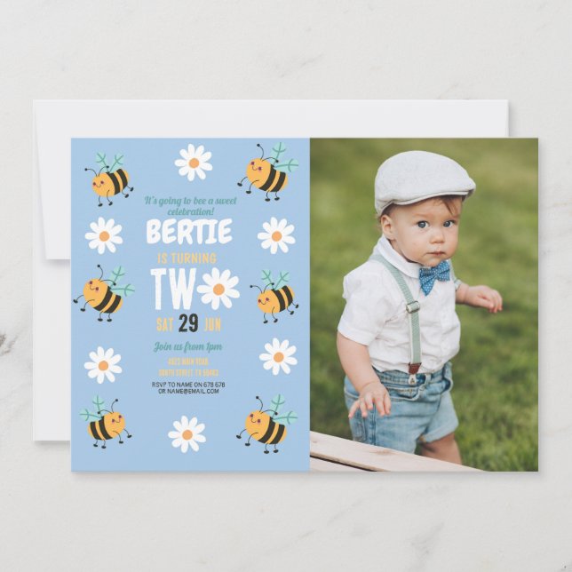 Invitation Bee Birthday Photo Party Blue Daisy Two 2 (Devant)