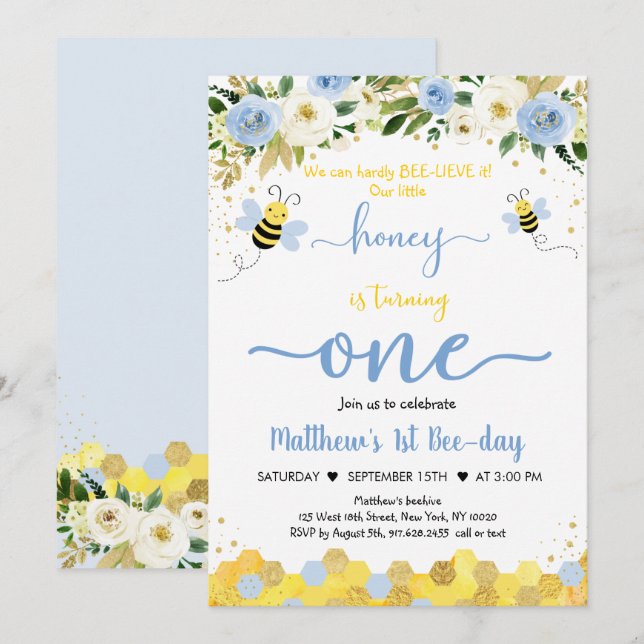 Invitation Bee Blue Gold Boy Premier anniversaire Bee Day (Devant / Derrière)