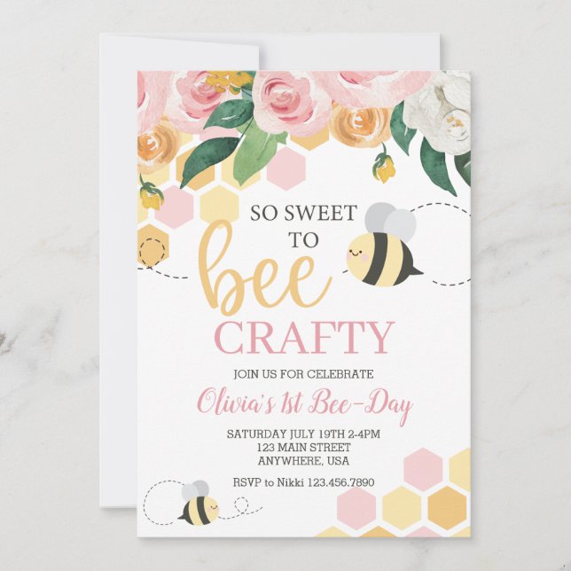 Invitation Bee Day bourdon bebe rose anniversaire (Devant)