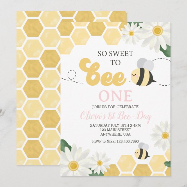 Invitation Bee Day bumblebebe 1er Anniversaire Daisy (Devant / Derrière)