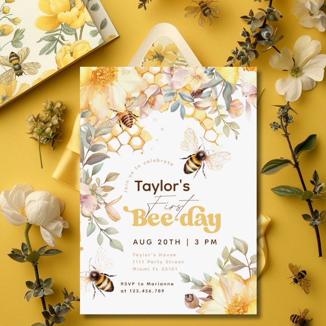 Invitation Bee Day Bumblebebe 1er anniversaire Floral Anniver (Créateur téléchargé)