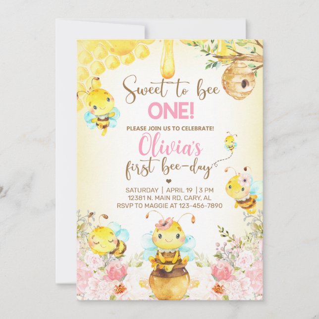 Invitation Bee girl 1er anniversaire invitation, bourdon, abe (Devant)
