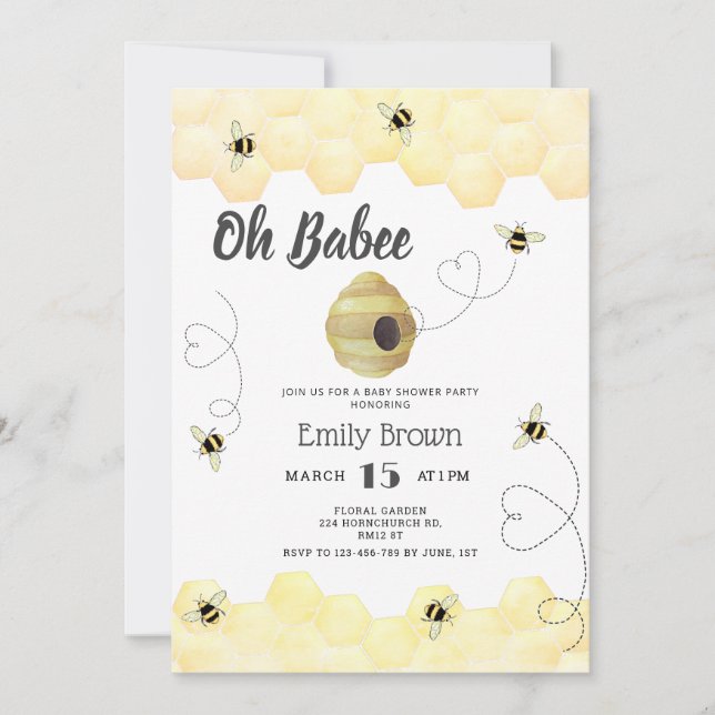 Invitation Bee Honey Aquarelle Oh Baby shower bébé (Devant)