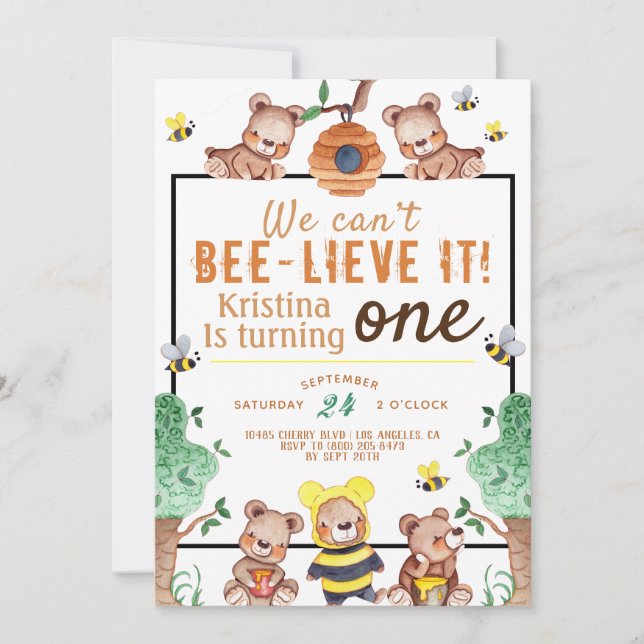 Invitation Bee lieve It Honey Bear Anniversaire (Devant)