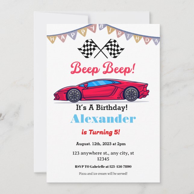 Invitation Beep Beep Red Race Car Anniversaire (Devant)