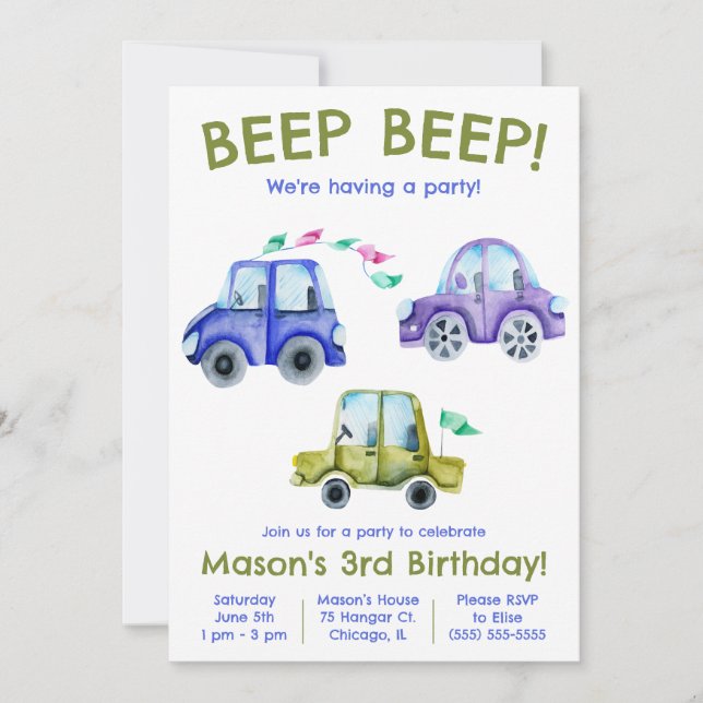 Invitation Beep Beep ! Voiture aquarelle, Anniversaire du véh (Devant)