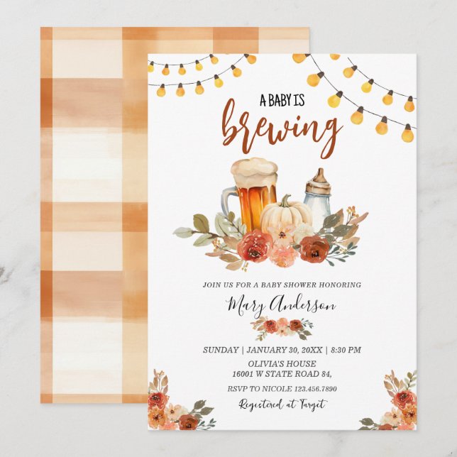Invitation Beer Baby Is Brewing Fall Baby Shower  (Devant / Derrière)