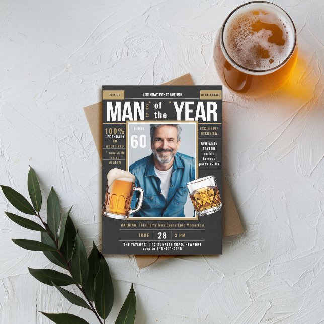 Invitation Beer Whiskey Magazine Drôle Hommes Anniversaire Ph (men birthday party invitation beer whiskey magazine cover fun funny joke black gold backyard)