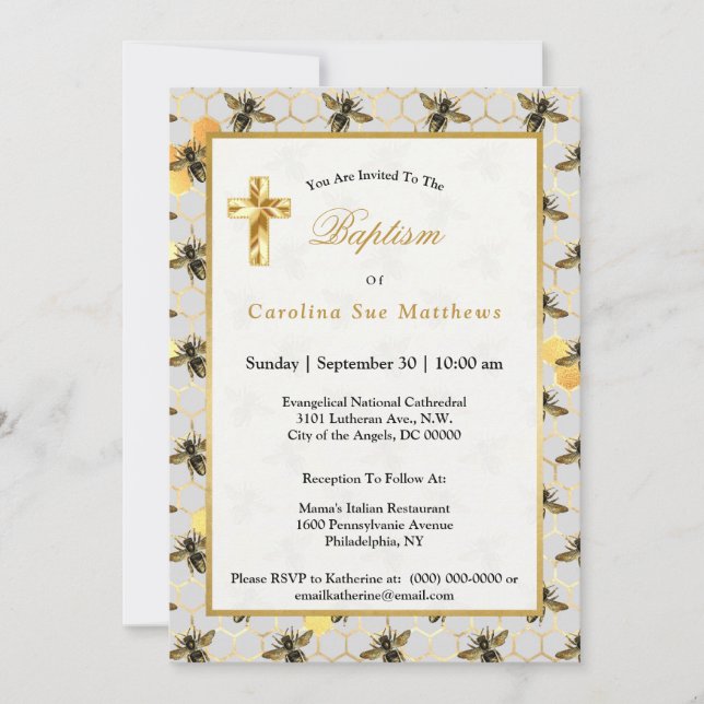 Invitation Bees Gold Honeycomb Baptême (Devant)