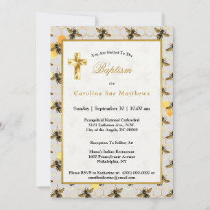 Invitation Bees Gold Honeycomb Baptême