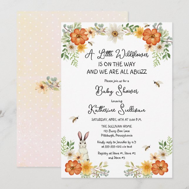 Invitation Bees Spring Petit Fleur sauvage Baby shower fille (Devant / Derrière)