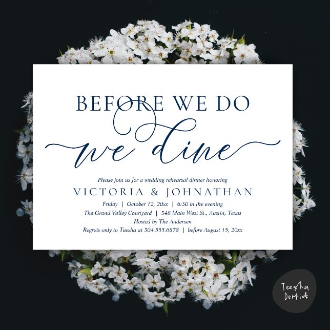 Invitation Before We Do, We Dine, Wedding Rehearsal Dinner (Before We Do, We Dine,  Wedding Rehearsal Dinner Party Classy Romantic Invites Card PDF Navy Blue)