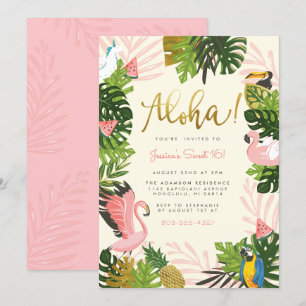 Invitation Beige   Aloha Hawaii Tropical Gold Birthday Party