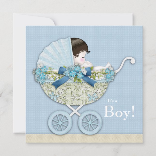 Invitation Beige Baby Blue Baby Carriage Garçon Douche (Devant)
