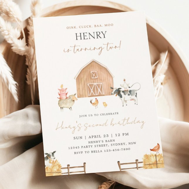Invitation Beige Barn 2nd Birthday Farm Animals Party (Créateur téléchargé)
