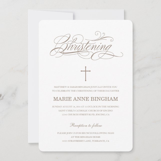 Invitation Beige Blanc Élégant Calligraphie Christening (Devant)