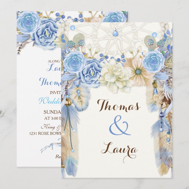 Invitation Beige bleu d'aquarelle rêveuse tribale de receveur (Devant / Derrière)
