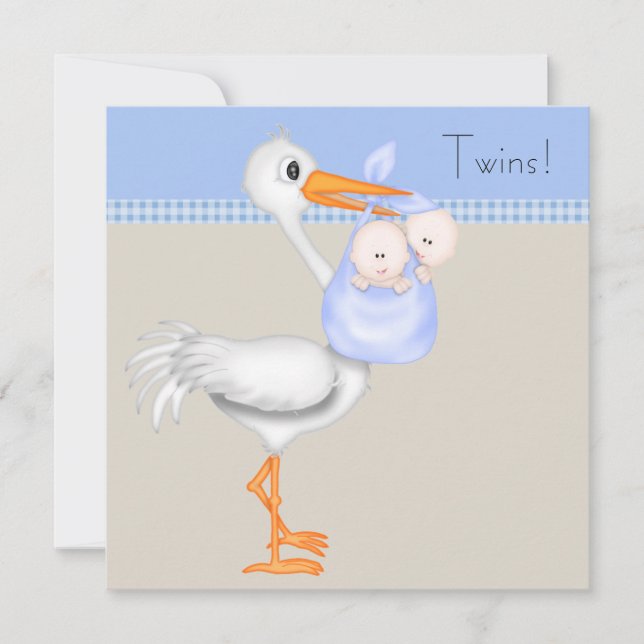 Invitation Beige bleu En vichy cigogne Twin Baby Boy Douche (Devant)