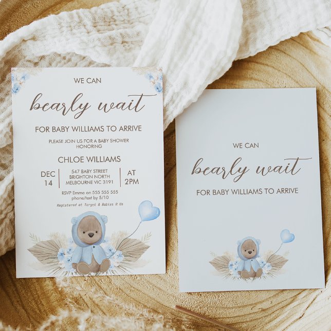 Invitation Beige Bleu On Peut Attendre Baby shower (Boy we can bearly wait for baby to arrive baby shower invitation featuring a blue flowers.)