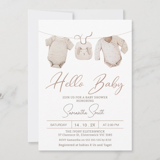 Invitation Beige Boys Baby shower Vêtements de bébé (Devant)