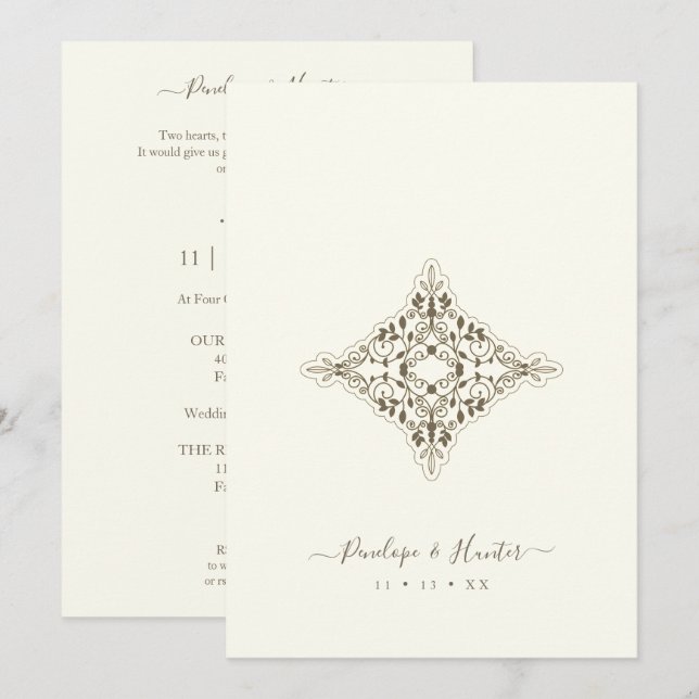 Invitation Beige Brown Chic Lace Romantic Couple Wedding (Devant / Derrière)