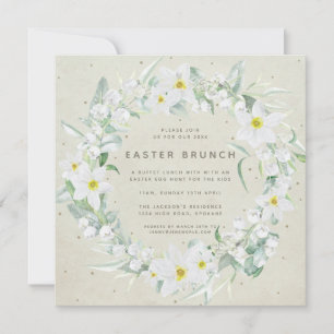 Invitation Beige carré + Wreath Floral Blanc Brunch de Pâques