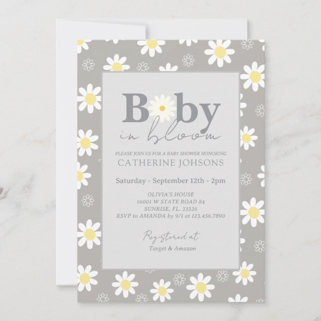 Invitation Beige Daisy Baby dans douche fleurie (Devant)