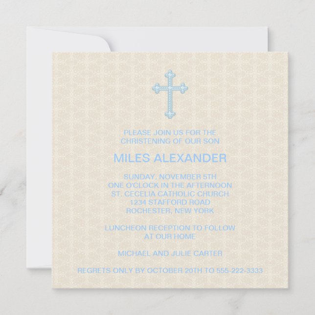 Invitation Beige Damask Croix Bleu garçon Christening (Devant)