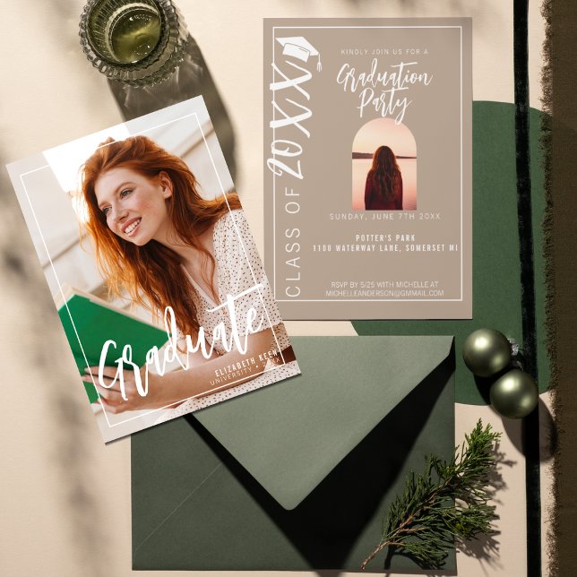 Invitation Beige décontracté Deux photos Diplôme Supérieur (Créateur téléchargé)