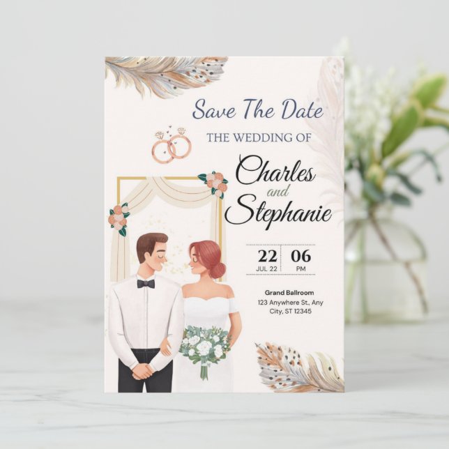 Invitation Beige Élégant Floral Illustratif, avec couple (Debout devant)