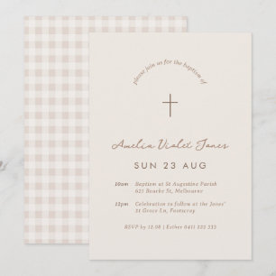 Invitation Beige En vichy Baptême Christening Cross Invitatio