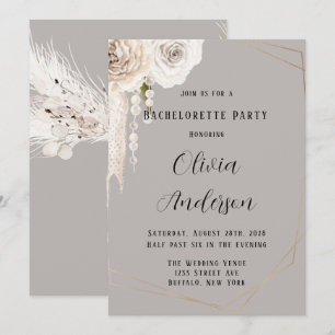Invitation Beige Gris Blanc Perles Florales Bachelorette Part