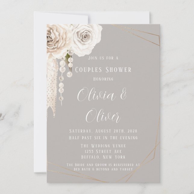 Invitation Beige Gris Blanc Perles Florales Couples Douche (Devant)