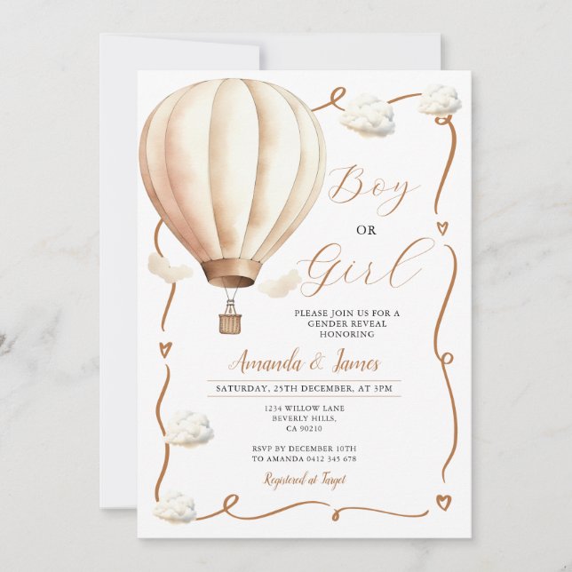 Invitation Beige Hot Air Balloon Genre Révéler Ribbon Bow (Devant)