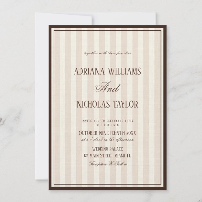 Invitation Beige Mocca Stripes Wedding (Devant)