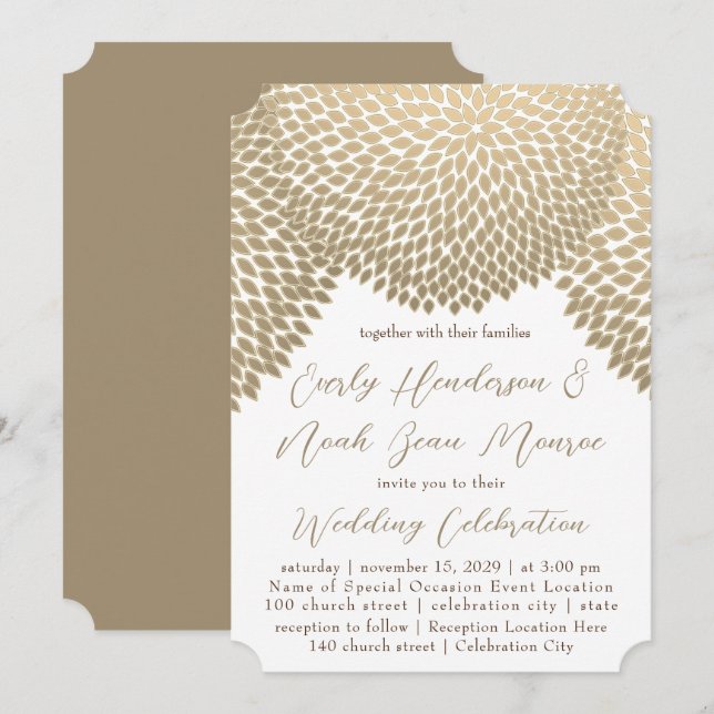 Invitation Beige Neutral Nature Floral Chrysanthemum Mariage (Devant / Derrière)