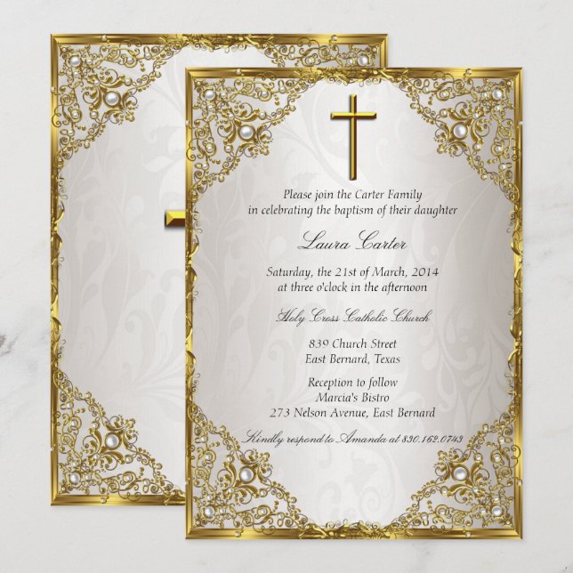 Invitation Beige or Perle Damask Croix Baptême / Christening (Devant / Derrière)