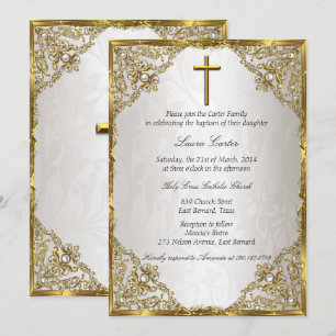 Invitation Beige or Perle Damask Croix Baptême / Christening