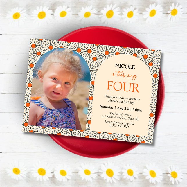 Invitation Beige Orange Daisies Floral Photo 4Anniversaire (Créateur téléchargé)